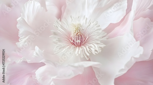Delicate, close-up view of a peony flower, showcasing soft pastel pink and white petals, and intricate details of the flower's center.