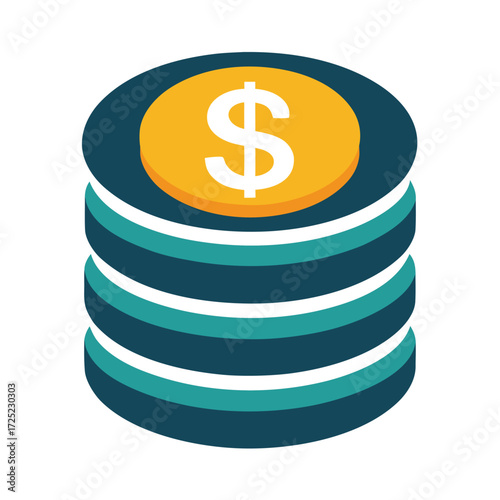 Icon of a stack of coins with a dollar sign on the side, representing finance, money, wealth, savings, investment, banking, and economic value easily.