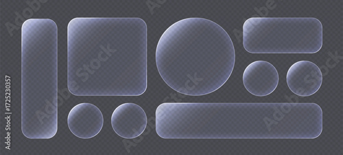 Liquid glass button interface, light frame banner set, glass panel set for mobile and web app, tech board frame in futuristic style. Light png banner collection with glow effect, vector illustration.