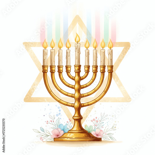 Watercolor Illustration of a Golden Hanukkah Menorah with Lit Candles