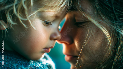 A tender moment: A child gently touches noses with their mother, symbolizing connection, affection, and the special bond they share.