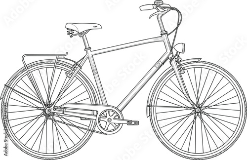 Urban bicycle line drawing, black and white sketch, rear rack, fenders, headlight, saddle, technical bike illustration, transport outline