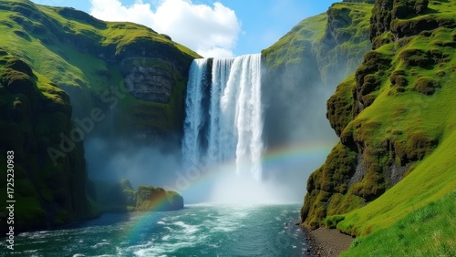 Majestic waterfall cascading over mossy cliffs, powerful stream plunging into turquoise river below surrounded by verdant green hills and rocky shores in a pristine natural valley