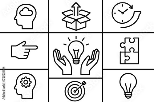 Creative thinking concepts represented through simple line icons in a grid pattern showcasing ideas, solutions, and time management