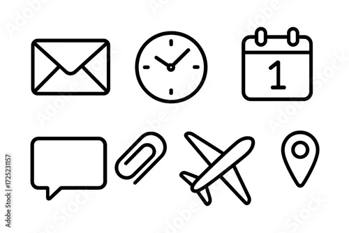 Collection of simple line icons representing communication, time, travel, and planning activities