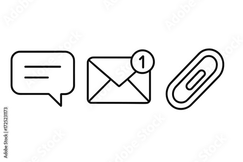 Communication icons representing message notification and email with attachment in simple line art style