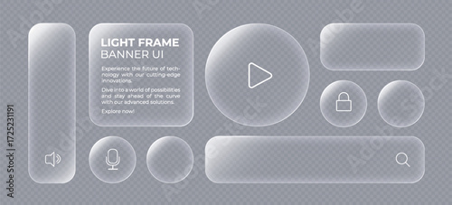 Liquid glass button interface, light frame banner set, glass panel for mobile and web app, realistic tech board frame in futuristic style. HUD element interface with glow effect, vector illustration. 