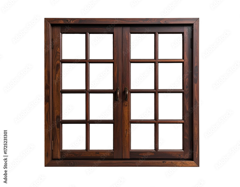 Obraz premium Wooden double-hung window, dark brown, ornate frame, divided into small panes