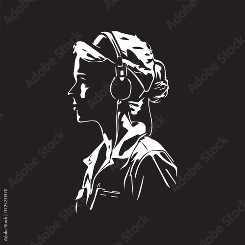 a middle aged women with headphones vector silhouette