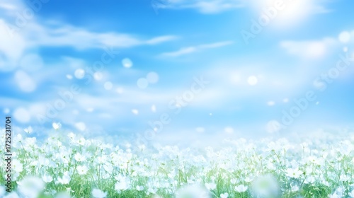 A vast expanse of white cosmos flowers stretches out beneath a vibrant blue sky, filled with soft, ethereal light and dreamy bokeh effects.