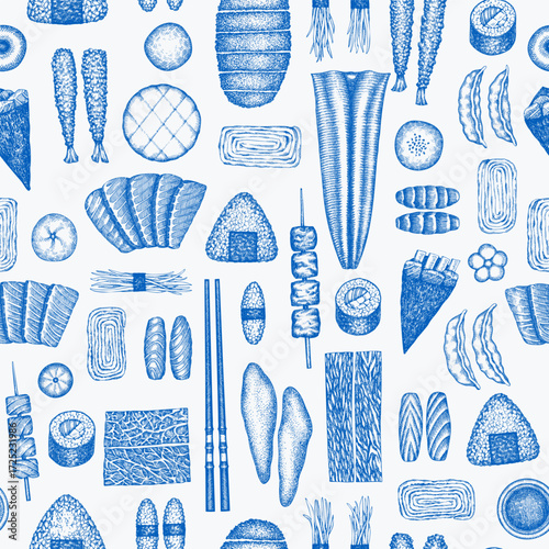 Japanese Cuisine Vector Seamless Pattern. Asian Dishes Hand Drawn Background. Retro Japan Traditional Food Illustration.