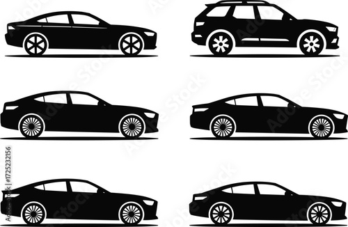 Car silhouette set, black vector illustration, sedan and SUV profiles, vehicle design comparison, side view layout, transport icons, wheels