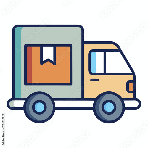 Practical icon of a delivery truck with a small parcel on the side, representing logistics, shipping, transportation, quick service, and fast delivery.