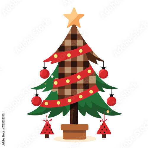 Rustic farmhouse style Christmas tree vector with burlap and wooden bead decorations, a cozy, handmade, and simple traditional holiday season design.