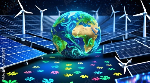Futuristic glowing Earth hologram surrounded by renewable energy symbols representing sustainable global power