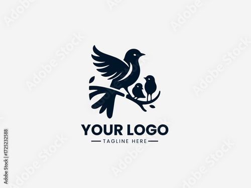 Loving mama bird vector logo with baby birds in nest for family services or childcare business