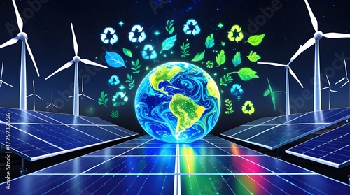 Abstract green energy design featuring glowing Earth connected with futuristic renewable technology holograms