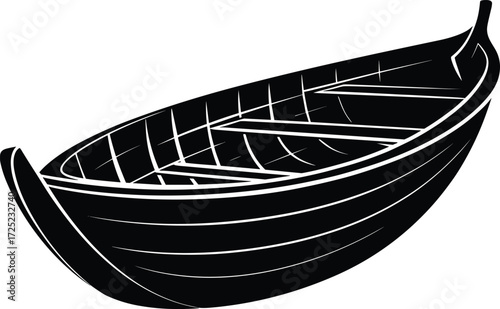 Stylized wooden rowboat illustration, black and white nautical vector, traditional boat drawing, maritime transport graphic, vintage watercraft design element