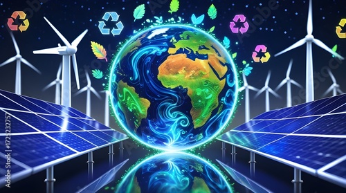 Modern sustainable technology visualization showing holographic Earth surrounded by renewable energy particles