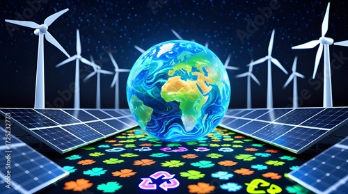 High-tech eco-friendly illustration showing holographic planet with solar and wind renewable energy systems
