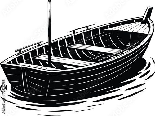 Floating wooden rowboat illustration, black and white nautical vector, ripple water design, traditional boat drawing, maritime transport graphic element