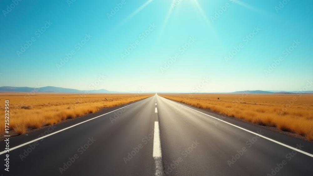 Naklejka premium Road stretching toward horizon in a vast desert plain setting, empty asphalt highway flanked by golden grass in an open arid landscape, concept of travel adventure, motivational freedom, road trip
