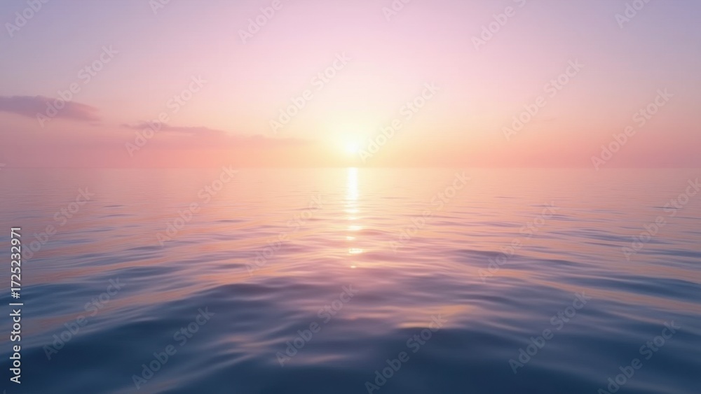 Fototapeta premium Sun rising over calm ocean in a serene horizon setting, golden light reflecting on gentle blue waves in a peaceful marine environment, soft pink sky fading to purple with hazy atmosphere 
