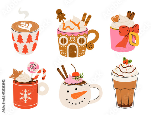 Christmas and Happy New Year set of drinks. Mugs and cups of hot coffee, punch, cacao with whipped cream, marshmallow and candy cane. Greeting card for Xmas, New year or winter holidays design.