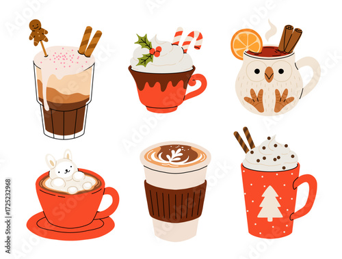 Christmas and Happy New Year set of drinks. Mugs and cups of hot coffee, punch, cacao with whipped cream, marshmallow and candy cane. Greeting card for Xmas, New year or winter holidays design.
