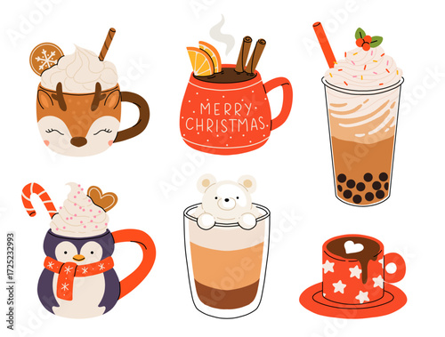 Christmas and Happy New Year set of drinks. Mugs and cups of hot coffee, punch, cacao with whipped cream, marshmallow and candy cane. Greeting card for Xmas, New year or winter holidays design.