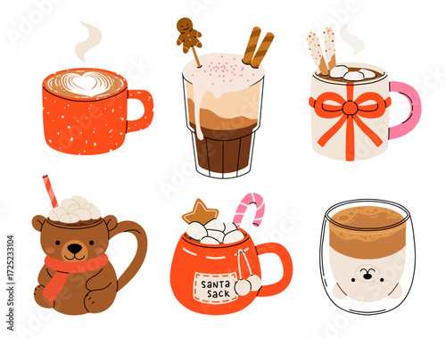 Christmas and Happy New Year set of drinks. Mugs and cups of hot coffee, punch, cacao with whipped cream, marshmallow and candy cane. Greeting card for Xmas, New year or winter holidays design.