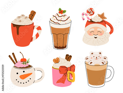 Christmas and Happy New Year set of drinks. Mugs and cups of hot coffee, punch, cacao with whipped cream, marshmallow and candy cane. Greeting card for Xmas, New year or winter holidays design.