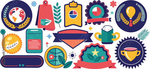 Collection of vibrant flat design badges and labels showcasing diverse themes for recognition and achievement awards