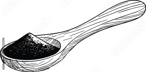 Wooden spoon with powdered ingredient, black and white culinary vector, cooking illustration, organic spice drawing, kitchen element for recipe design