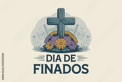 Dia de Finados Cross and Flowers Cemetery Illustration