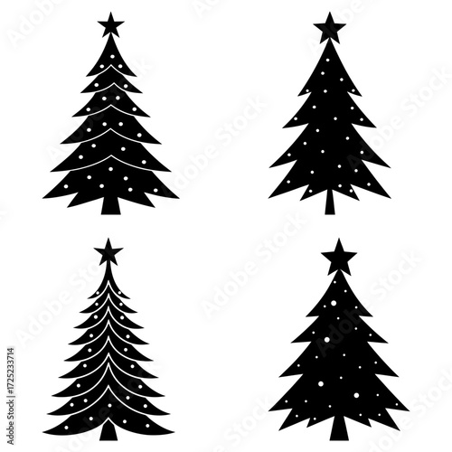 Four christmas trees with star toppers and white dots arranged in a square formation on white background