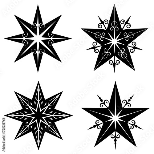 Four stylized black stars with intricate designs and varying points on a white background display symmetry