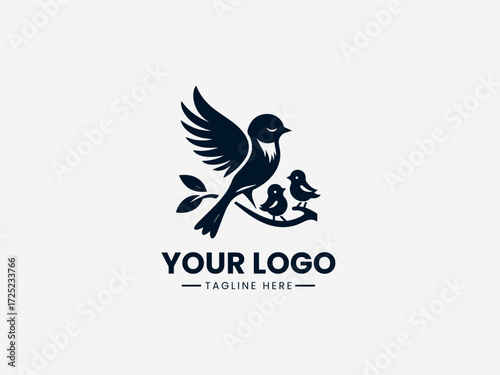 Loving mama bird vector logo with baby birds in nest for family services or childcare business