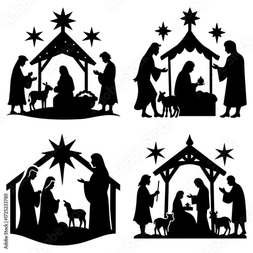 Four different silhouettes of the nativity scene with mary joseph and baby jesus in a manger scene