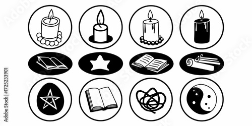 Collection of mystical and spiritual symbols including candles books and ying yang sign