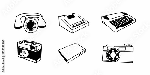 Illustration featuring a telephone, two cameras, a computer, and a hard drive device