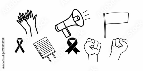 Illustration showing hands clapping, megaphone, flag, ribbons, notepad and fists raised