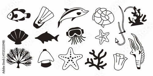 Collection of marine life and diving equipment in black and white line art style