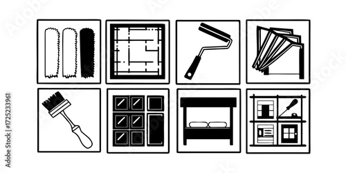 A collection of home improvement icons including painting, renovation, and furniture