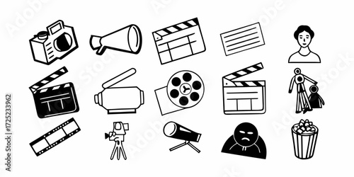 Collection of film making equipment and related objects in a black and white style