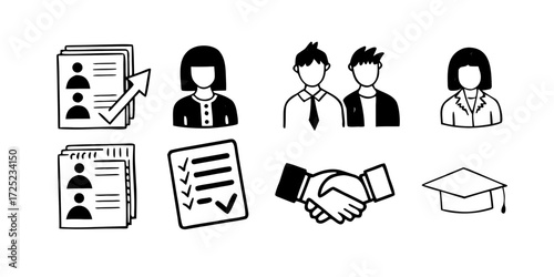 Doodle style image of job applications, handshake, graduation cap and people icons