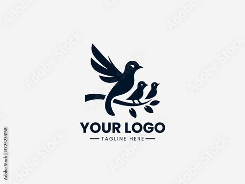 Loving mama bird vector logo with baby birds in nest for family services or childcare business