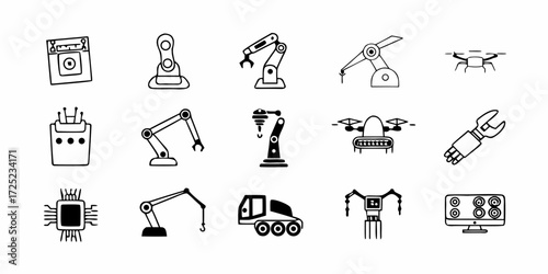 Illustration of various industrial and technological robots and automation equipment icons