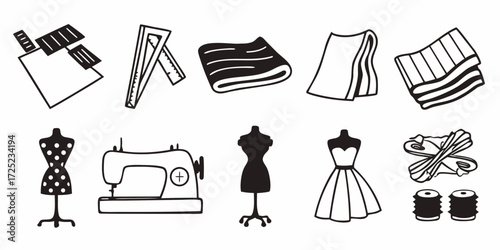 Illustration of sewing tools and materials including fabric mannequins and a sewing machine