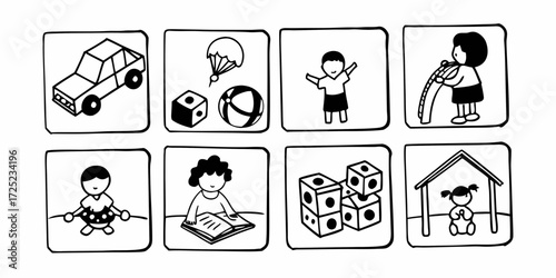 Illustration of toys and activities including a car a parachute and children playing
